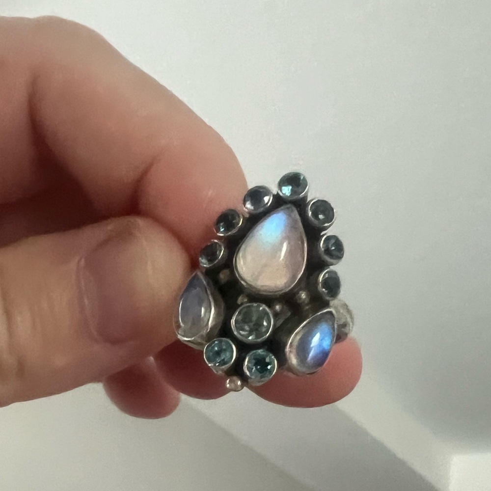 Moonstone and Blue Topaz ring in 925 Sterling Silver Size 9
